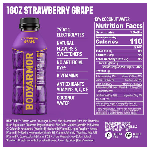 16 Oz (12 Pack), BODYARMOR Sports Drink, Strawberry Grape, Electrolyte Drink Hydration, Fl Bottles Flavored Coconut