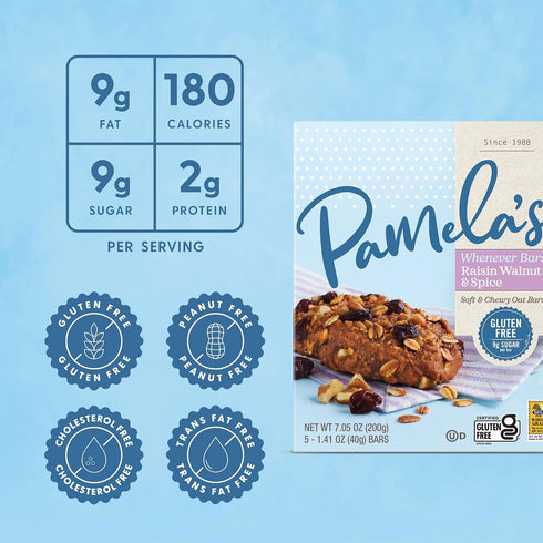 30 Count 42.3 Oz (Pack 6) Pamela's Products Gluten Free Whenever Bars, Raisin Walnut Spice,
