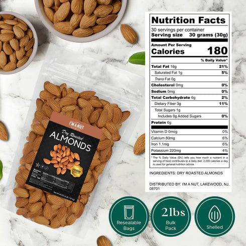 32 oz (2 lbs) Dry Roasted Almonds Unsalted Batch Tested Gluten & Peanut Free | No Oil | Whole | No PPO | Non-GMO | No