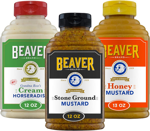 Beaver Condiment Variety Pack, Hot Cream Horseradish, Stone Ground Mustard and Honey