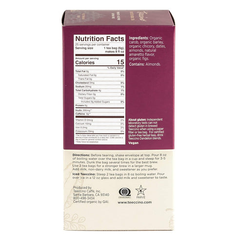 25 Teeccino Herbal Tea - Almond Amaretto - Rich & Roasted Herbal Tea That's Caffeine Free & Prebiotic for Natural