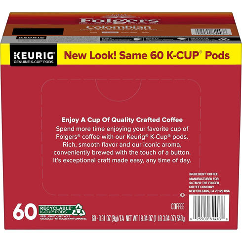 10 Count (Pack 6) Folgers Colombian Coffee, Medium Roast, Keurig K-Cup Pods, Box