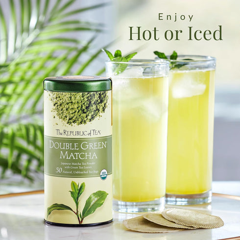 50 The Republic of Tea Organic Double Green Matcha, Individual Tea Bags with Japanese Matcha Tea Powder and Green Tea
