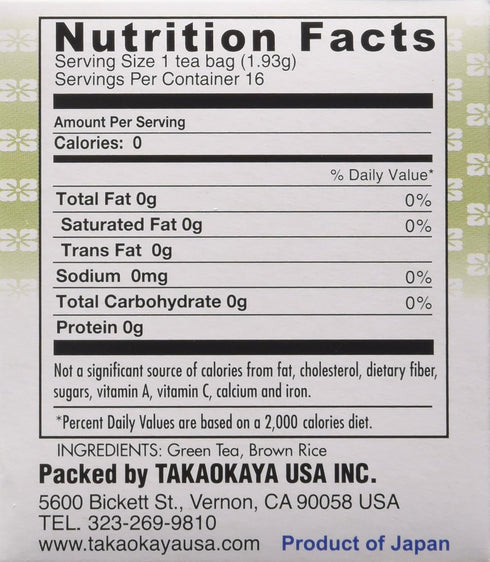 Takaokaya Genmai Cha, Japanese Brown Rice Tea with Matcha Powder, 16 Tea Bags