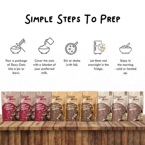 Dozy Packets, 9-Pack Oats Overnight Oatmeal Chocol'oat Lovers Variety Box with Rolled Oats, Chia Seeds, and Date