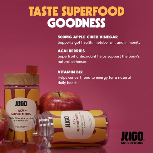 B12 Gummies 40 Count JUGO Apple Cider Vinegar + SUPERFOODS ACV and Vitamin with Acai for Digestive Health Support