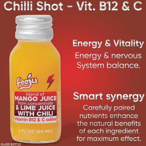 15PCS 2 oz B12, Immunity Feeju Mango Nectar Blend Shot fl Mango Puree, Grape, Lime Juice with Chili and Real Ginger