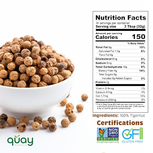 16 oz, Quay Naturals Organic Tigernuts Raw, for Snacking, Baking, Smoothies, Yogurt & Salad - Chufa Nuts - High Fiber