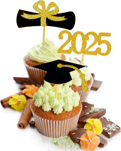 2025 Graduation Cupcake Toppers, 48 PCS Food/Appetizer Picks, Grad Cap Set, Diploma, Mini Cake Decorations