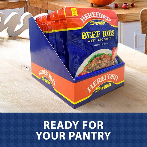 12g 6oz 12) Hereford Beef Ribs with BBQ Sauce | Shelf Stable | Fully Cooked | Ready-to-Eat | Beef Raised with No Added
