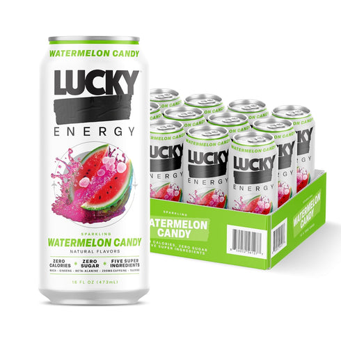 Lucky Energy Sugar Free Energy Drinks, Watermelon Candy, 16oz Cans (12-Pack) Healthy,