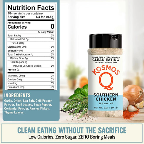 5.2 Oz Kosmos Q Southern Chicken Seasoning, All-Purpose Chicken Spice Blend with Garlic, Basil & Thyme, Sugar Free