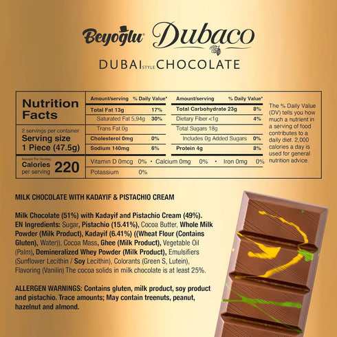 3.36 Oz (Pack 1), Beyoglu Dubaco Dubai Chocolate Bar Pistachio of Luxury & Premium Dubai Milk Chocolate Bar Filled