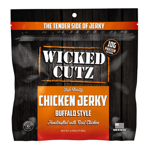 27g (2 Wicked Cutz Buffalo Chicken Jerky, Protein Per Bag, Tender & Easy to Chew Alternative to Chicken Sticks, USA