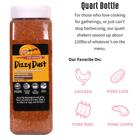 120lbs Dizzy Pig Dizzy Dust All-Purpose Barbecue Seasoning Rub (Quart Shaker) - Hand Made in the USA - Seasons Around