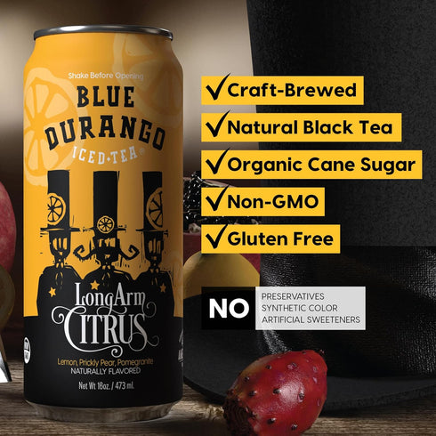 16 oz (12 Pack) Blue Durango Iced Tea - Long Arm Citrus - Black Tea, Lemon, Prickly Pear, Pomegranate - Low Sugar