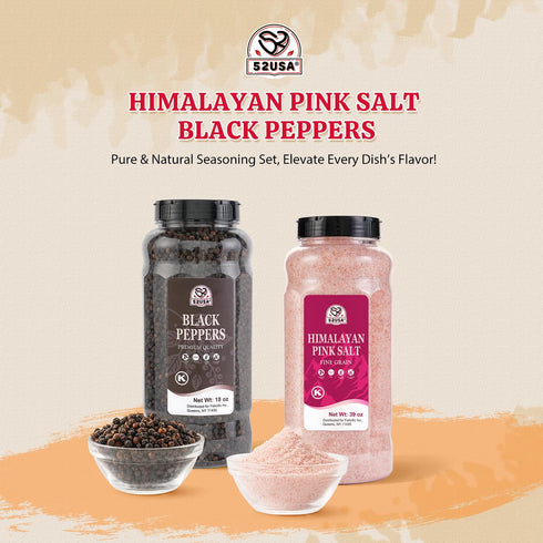 52USA 18 oz 39 oz, 2 Set Whole Black Peppercorns + Himalayan Pink Salt (Fine Grain) Salt and Pepper Grinder, Black