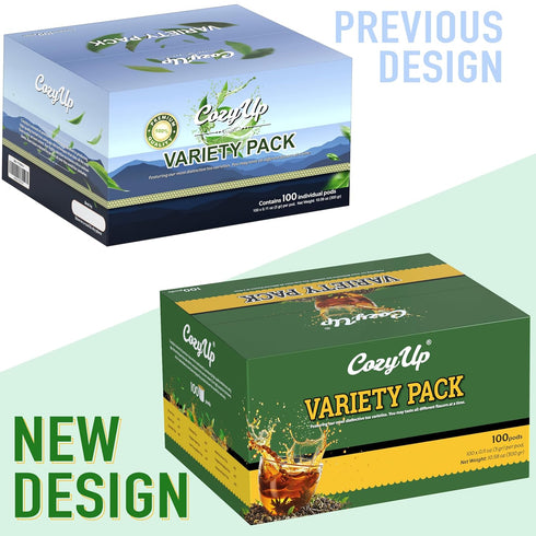 Cozy 100-Count Pack 2 Up Variety Tea, Compatible with Keurig Brewers, Includes Green, Black, Jasmine, Earl Grey