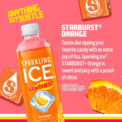 17 oz (Pack 12). Sparkling Ice STARBURST Orange, Zero Sugar Flavored Sparkling Water, with Vitamins and Antioxidants