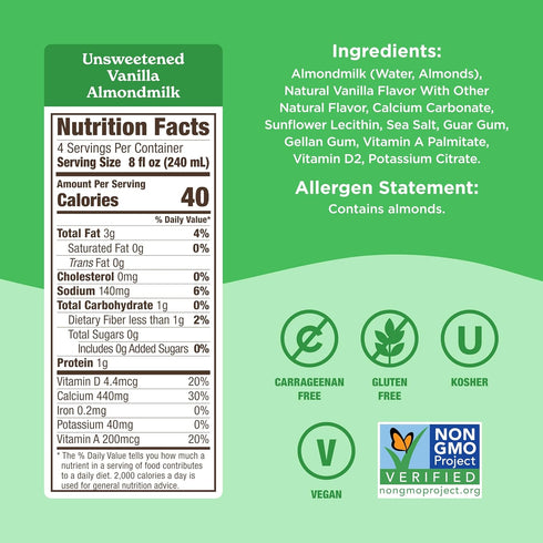 32 Oz, Califia Farms - Unsweetened Vanilla Almond Milk, Dairy Free, Vegan, Plant Based, Keto, Shelf Stable, Vegan