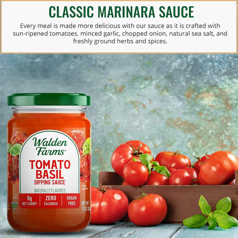 Walden Farms Tomato Basil Marinara Sauce 12 oz. Jar (Pack of 2) - Sweet and Smooth, Fresh Herbs and Spices, Vegan, Kosher and Keto Friendly, 0g Net Carbs - Great for Bread, Chicken Parmigiana and More