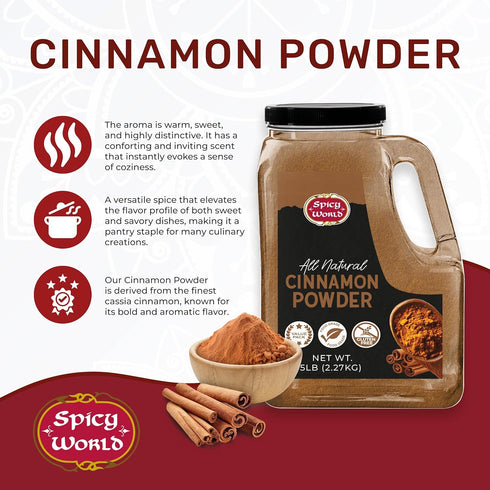 Spicy World 5 LB Cinnamon Powder Jar - Lab Tested for Lead - Ground Cassia Cinnamon Bulk, Great Authentic Spice
