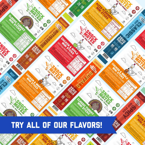 Pack, 15 Count Snack Mates by New Primal Sampler Three Flavor Mini Chicken Sticks, High Protein and Low Sugar Kids