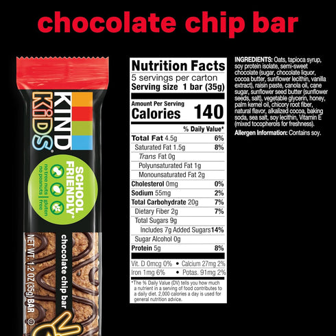 5g 5 Count KIND Kids Granola Bars, Chocolate Chip, Gluten Free, Low Sodium, Peanut and Tree Nut Free Snacks, Protein