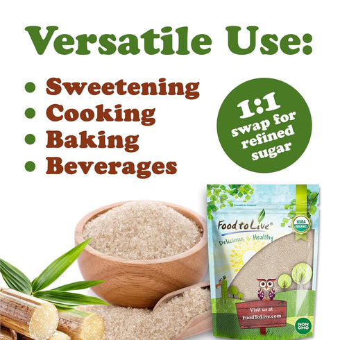6 Food to Live Organic Cane Sugar, Pounds Pure Sweetness from Nature, Unrefined, Perfect for Baking, Cooking