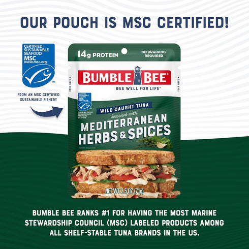 Bumble Bee Mediterranean Herbs & Spices Tuna, 2.5 oz Pouch (Pack of 12) - Wild Caught, Ready to Eat