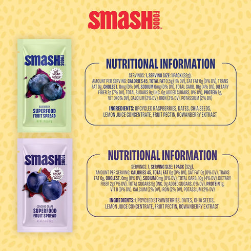 Packets 12-Pack Smash Foods Single Serve Jam | Variety | Natural, Keto & No Sugar Added | Vegan & Upcycled Fruit Spread