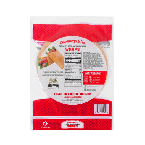 6-Pack, 8g (6 Pack, 36 Joseph's Low Carb Wrap Value Flax, Oat Bran and Whole Wheat, Carbs Per Serving, Fresh Baked Per