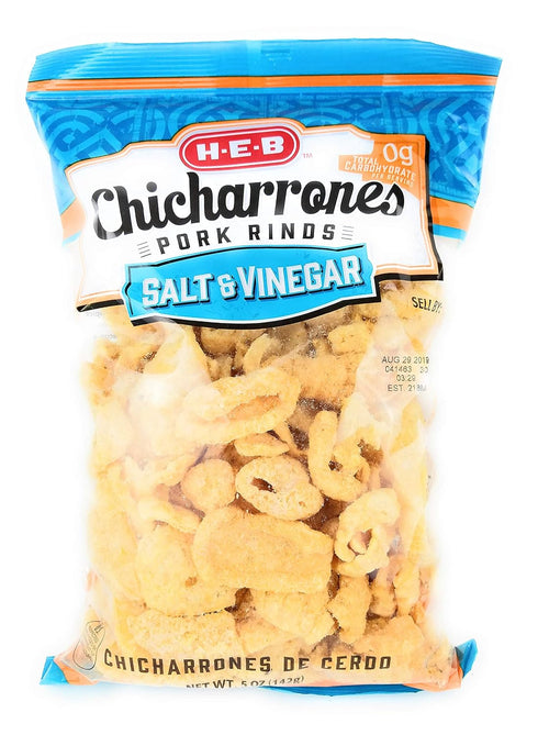 Clementine Creek (Pack 5) 5oz HEB Chicharrones Pork Rinds SALT & VINEGAR Flavor of | Keto Snacks, Low Carb, High