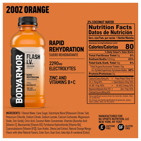 20 Oz (Pack 12) BODYARMOR Flash I.V. Electrolyte Beverage, Orange, Hydration Drink with Coconut Water For Rapid