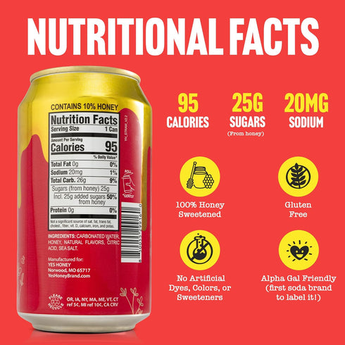 11oz (12-Cans), 100% Yes Honey Soda Strawberry Honey-Sweetened Healthy Soda, Alpha Gal Friendly, Gluten Free, Caffeine