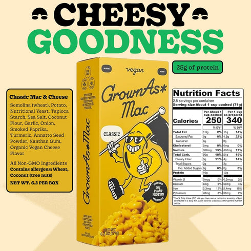 10 Pack, 25g Pack GrownAs Vegan Mac & Cheese, of Protein per - Dairy-Free, High Protein Snack, Easy to Prepare, Made