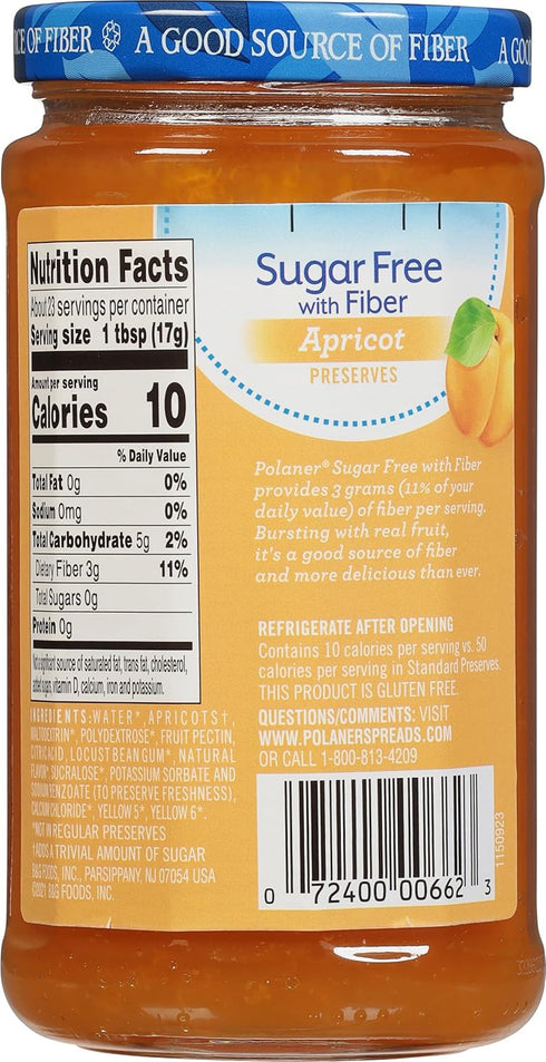 Polaner 13.5 Sugar Free with Fiber, Apricot Jam, Ounce