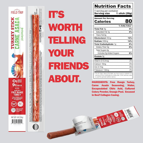 80 1oz, 24 Pack Field Trip Free Range Carne Asada Turkey Jerky Snack Sticks, Zero Sugar, Keto, Paleo, Gluten Free