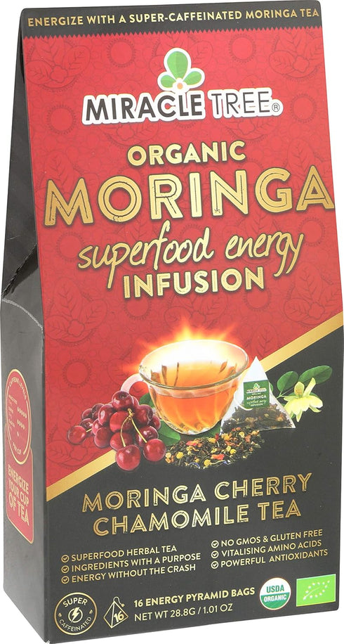 Miracle Tree's Moringa Energy Tea, Cherry Chamomile Tea, Super Caffeinated Blend, Organic Certified, 16 Pyramid Sachets