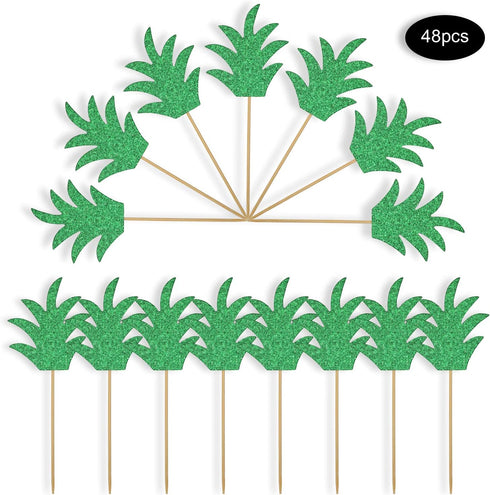 48 Pieces Green Pineapple Palm Leaf Cupcake Toppers, Glitter Tropical Food Picks for Summer Beach Party