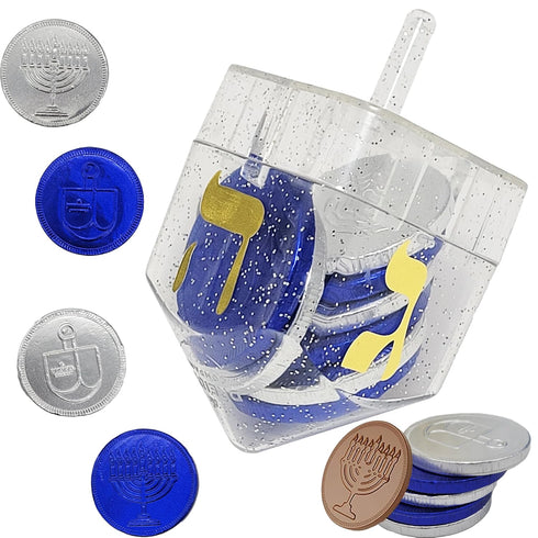 6-Pack 10 60 The Dreidel Company Dreidel Filled with Blue and Silver Hanukkah Chocolate Gelt Coins, Chocolate Menorah