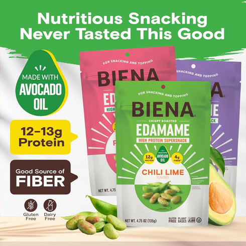12g-13g 3-Pack 4.75oz Pack Biena Crispy Roasted Edamame Beans Snack High Protein Snack for Adults & Kids, Protein per