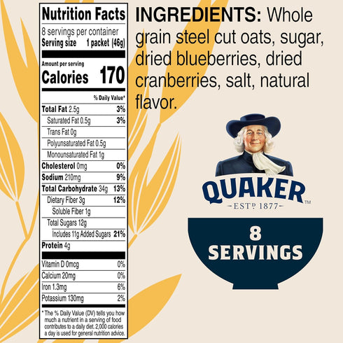 8 Quaker, Instant Steel Cut Oatmeal, Cranberries And Blueberries, Ct