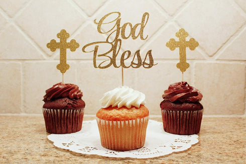 JeVenis 25 PCS Glittery Gold Bless this Child Cross & Cake Toppers for Baptism Decorations
