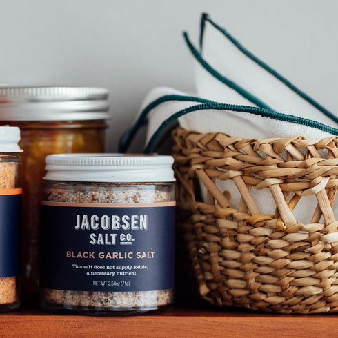 2.5oz Jacobsen Salt Co. Black Garlic Salt Kosher Sea Salt, Non-Iodized, Made in USA, Non-GMO, Steak Seasoning, Umami
