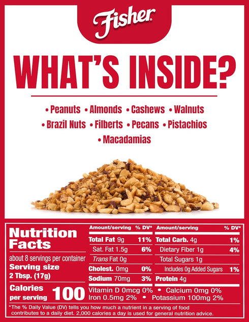 5 oz, Filberts, Fisher Mixed Nuts Ice Cream Topping, Peanuts, Almonds, Cashews, Walnuts, Brazil Nuts, Pecans