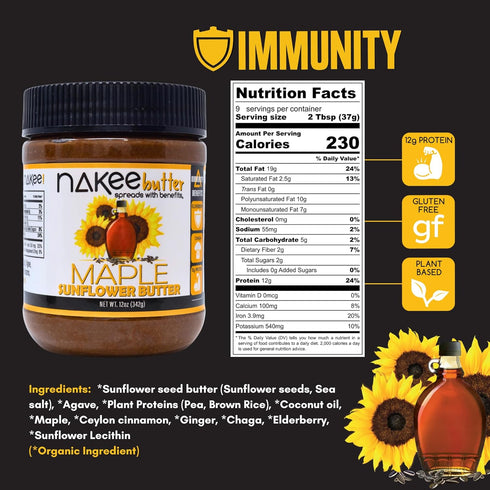 12g Immune (12 oz) Nakee Butter: Maple Sunflower Vegan Butter, High Daily Protein Nut Spread with Protein, Boosting