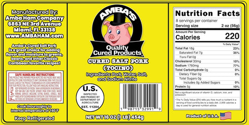 Amba's Quality Cured Products 16oz (1lb) Pack Cured Salt Pork (Tocino), Cured Pork Belly(Skin On), Net Weight Vacuum