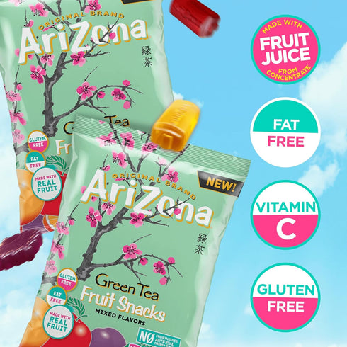 Gummy 5 Tea,(Pack 12) AriZona Green Tea Fruit Snacks, Gluten Free Mixed Fruit Chews Ounce Individual Single Serve Bags