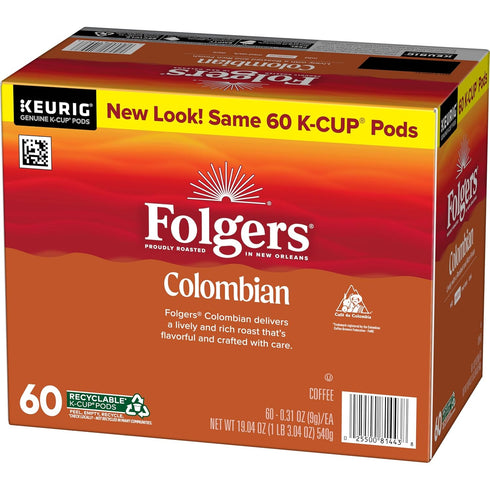 10 Count (Pack 6) Folgers Colombian Coffee, Medium Roast, Keurig K-Cup Pods, Box